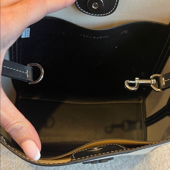 Tory Burch Ivory Canvas Bucket Bag with Black Trim - Picture 9 of 10